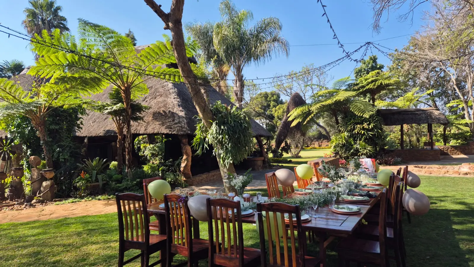 A table in the garden under palms